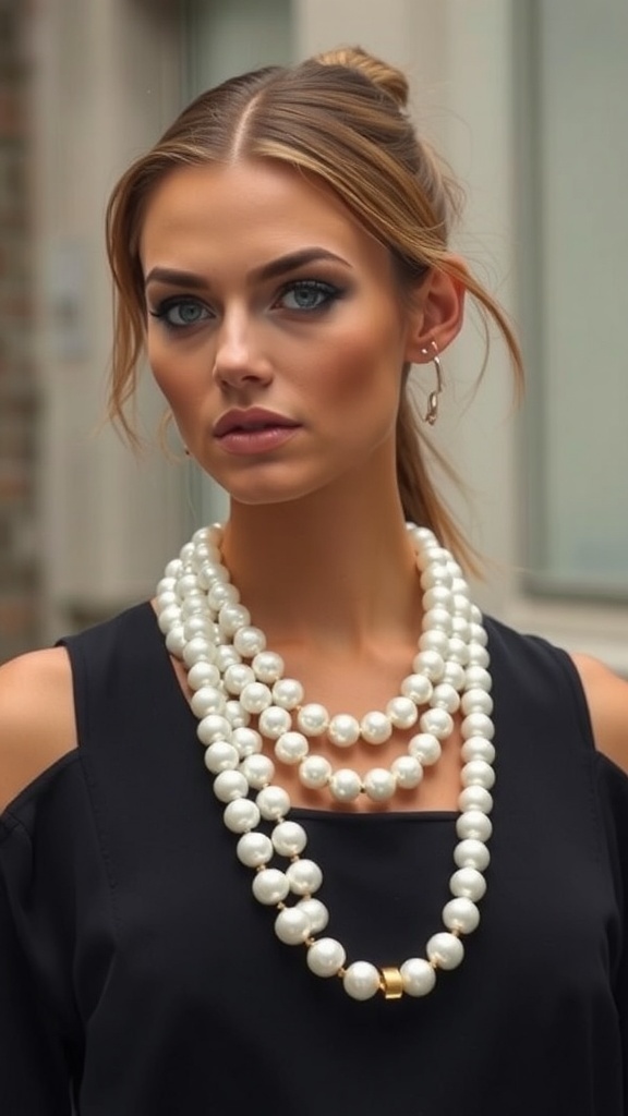 A model wearing multiple strands of pearl necklaces, showcasing a bold fashion statement.