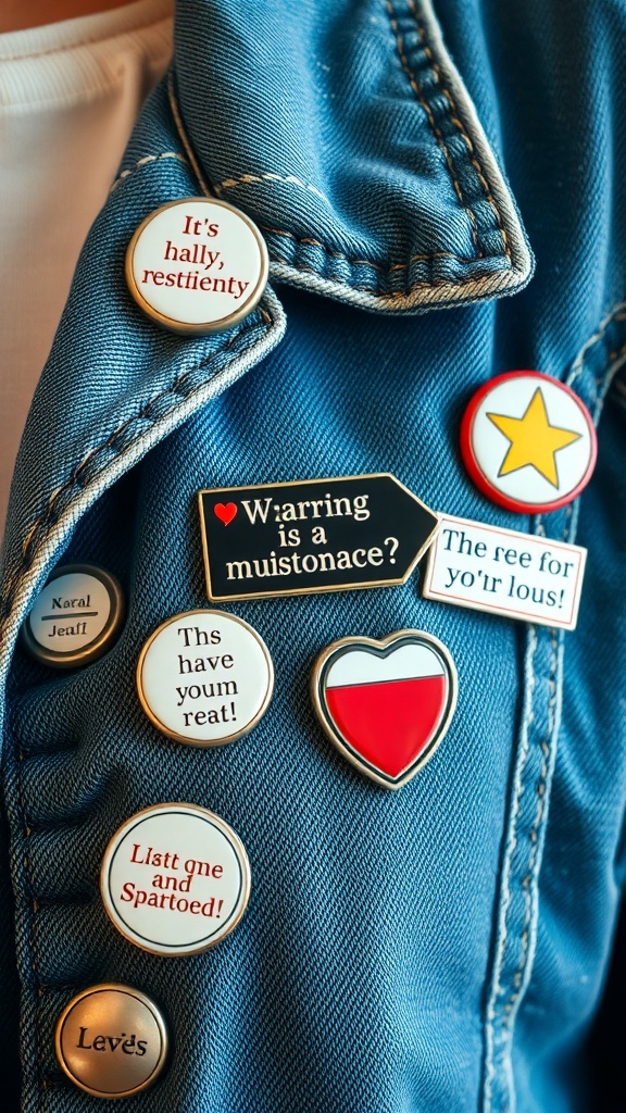 A denim jacket decorated with various statement pins featuring unique messages.
