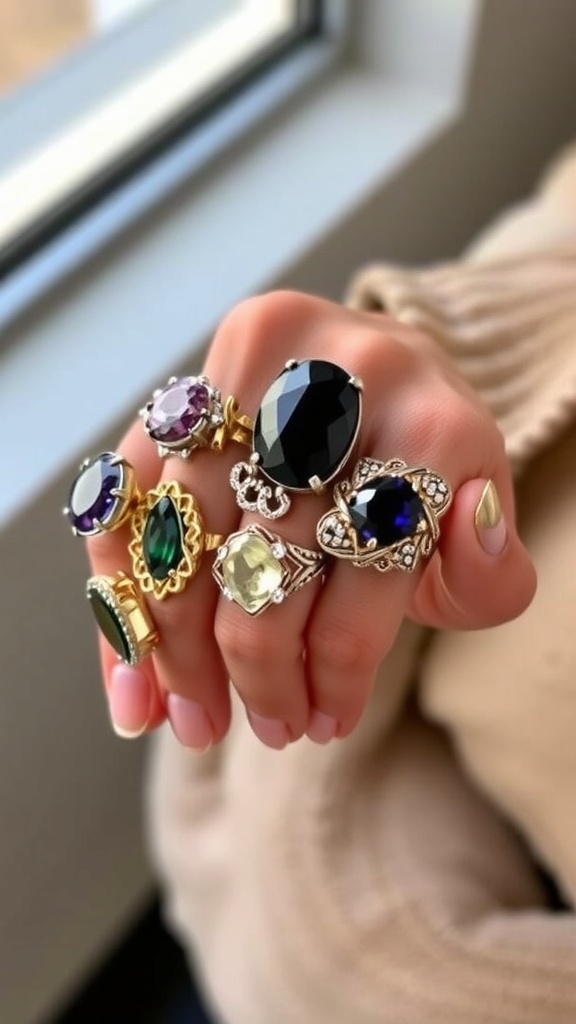 A hand with multiple statement rings featuring colorful stones and intricate designs.