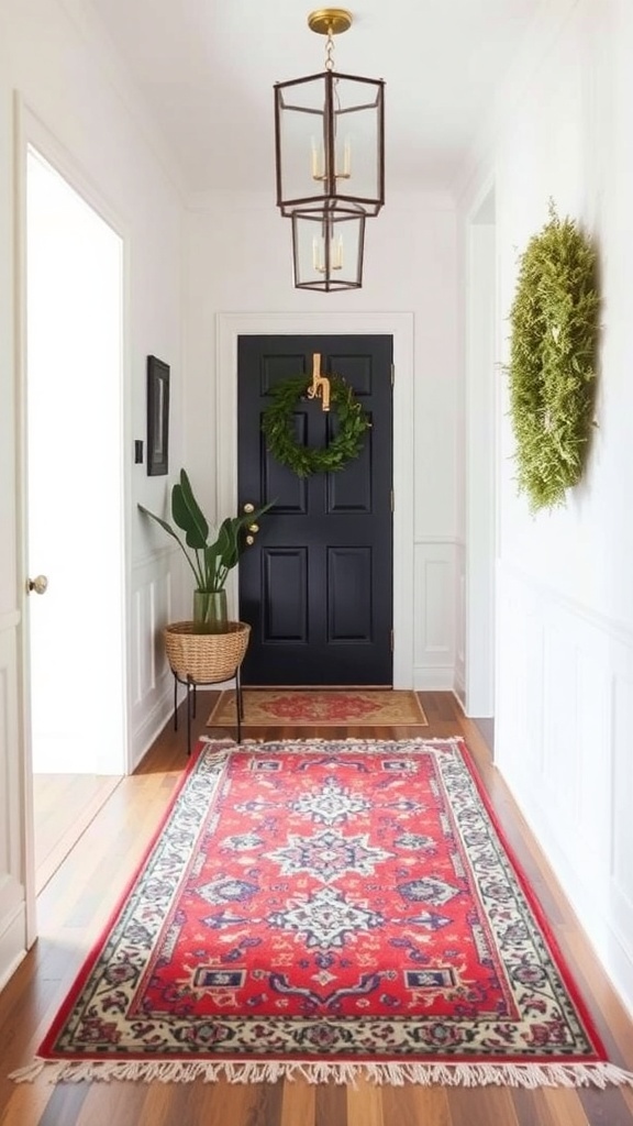 A bright red patterned rug in a stylish entryway with a black door and greenery.