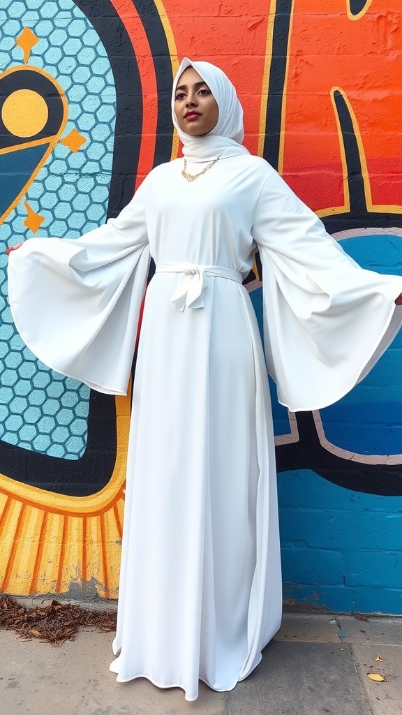 Woman wearing a white abaya with statement sleeves against a colorful background