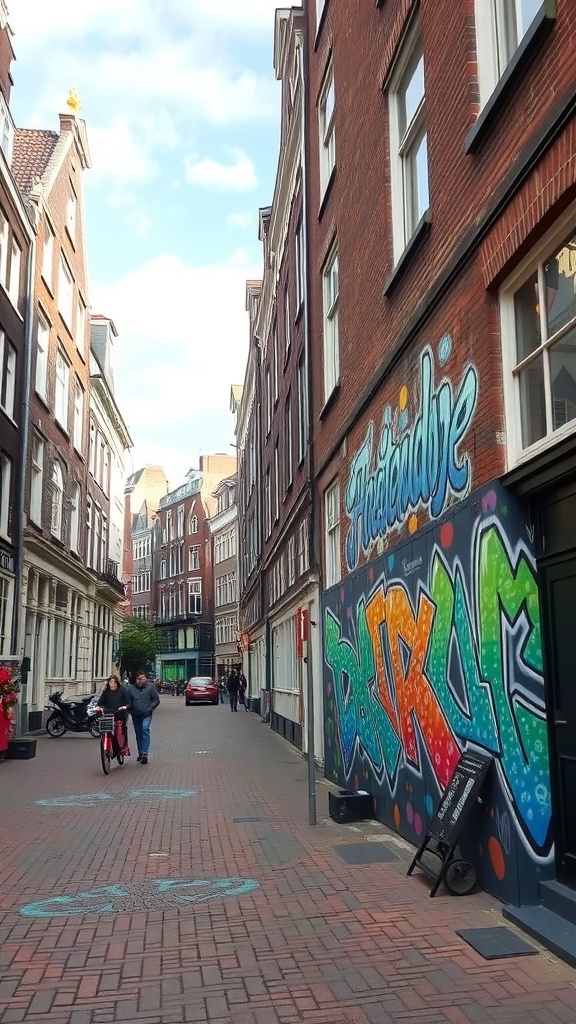 Colorful street art on a wall in Jordaan, Amsterdam, with people walking and biking in the street.