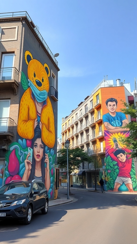 Colorful street art in Ostiense, Rome featuring a bear and a woman on one wall, and a young man in action on another.
