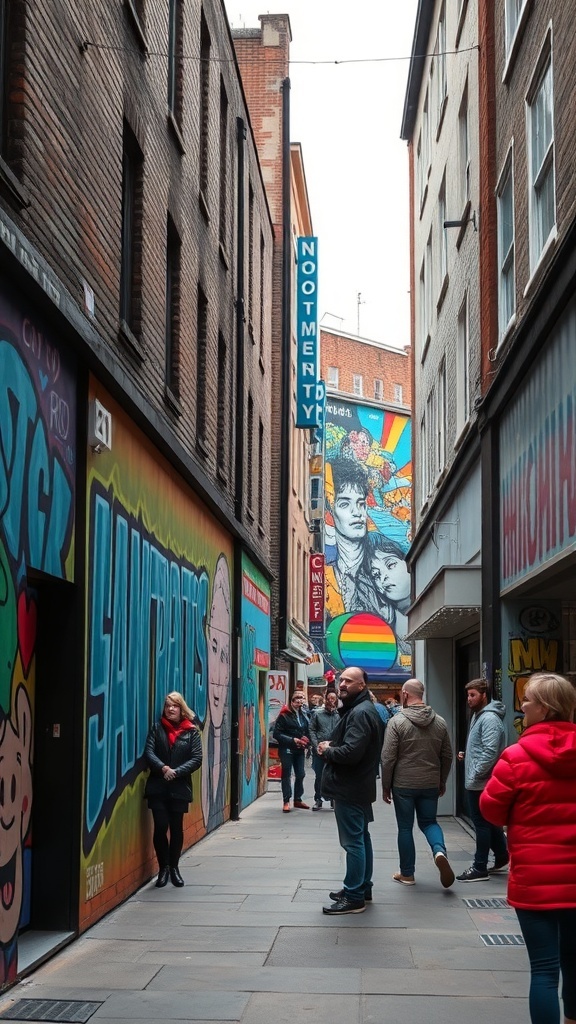 A vibrant alleyway in Shoreditch filled with colorful street art and people admiring the murals.