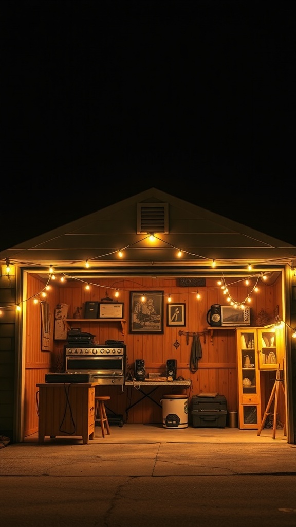 A cozy garage with string lights illuminating wooden walls and furniture.