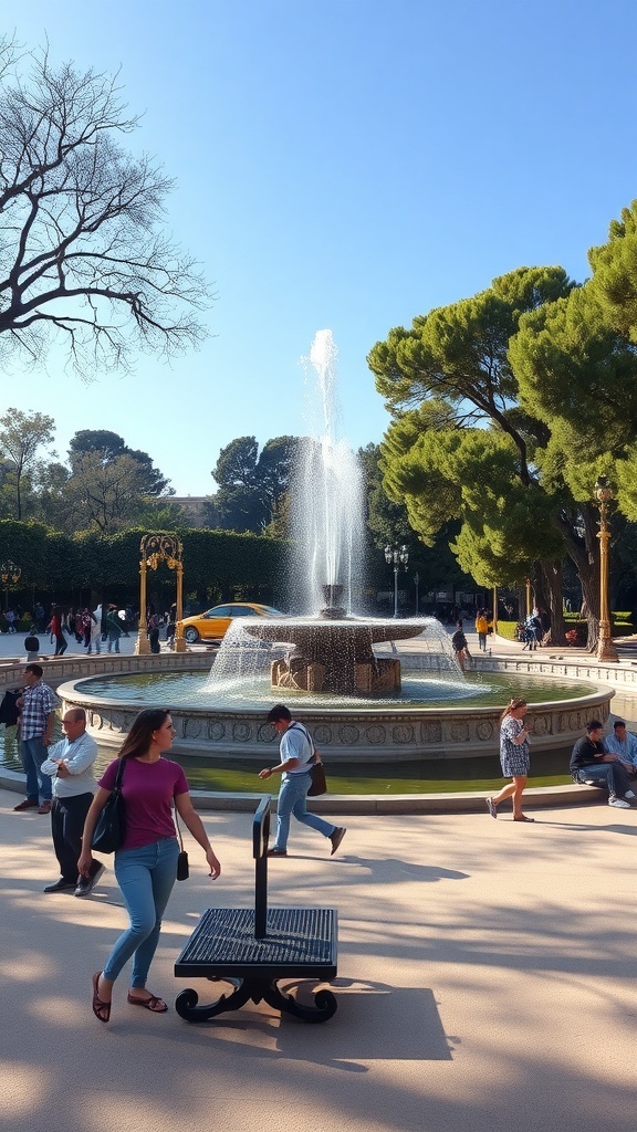 A view of the fountain in Park de la Ciutadella, with people walking around and enjoying the sunny day.