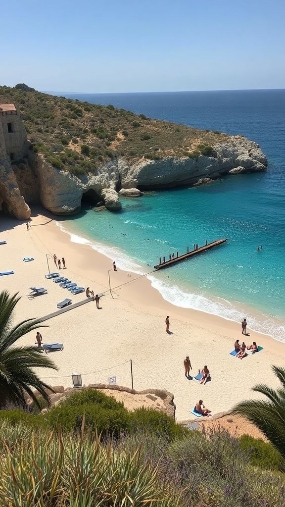 A beautiful beach in Ibiza with crystal clear waters and sunbathers enjoying the sun.