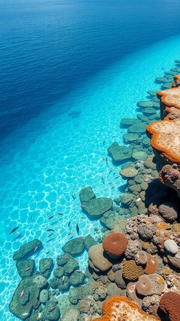 Aerial view of clear blue waters with coral reefs and fish in Okinawa, Japan.
