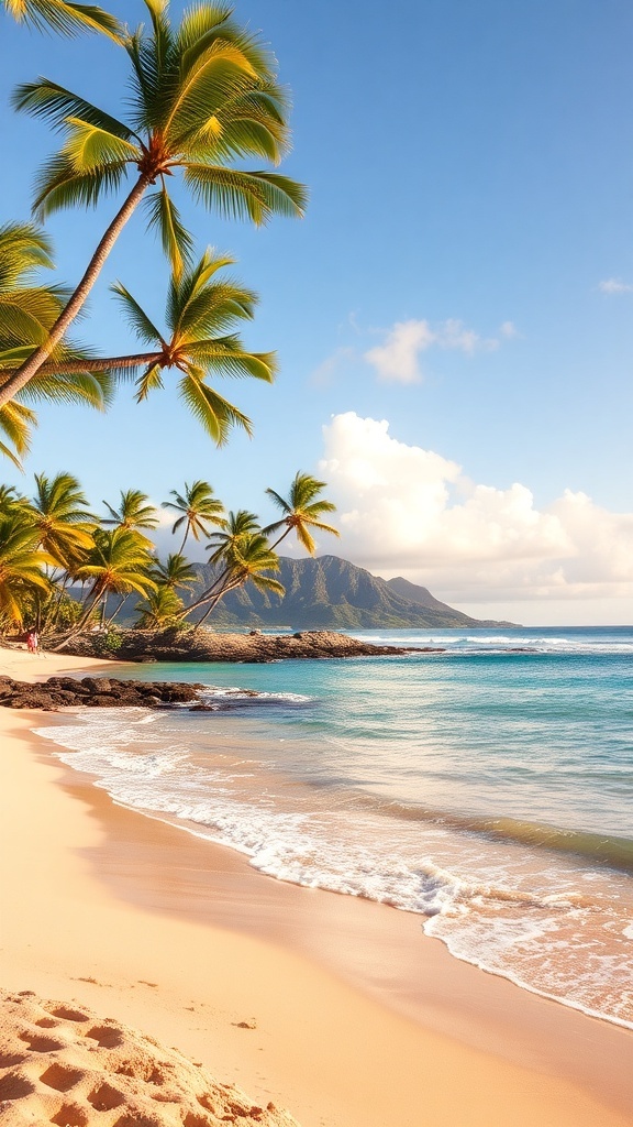 A beautiful beach in Maui, Hawaii with palm trees, clear water, and gentle waves.