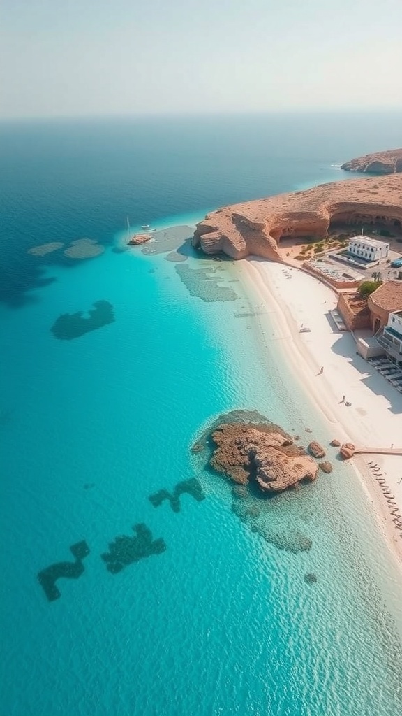 Aerial view of a stunning beach in Milos, Greece, featuring clear blue waters and soft sandy shores.