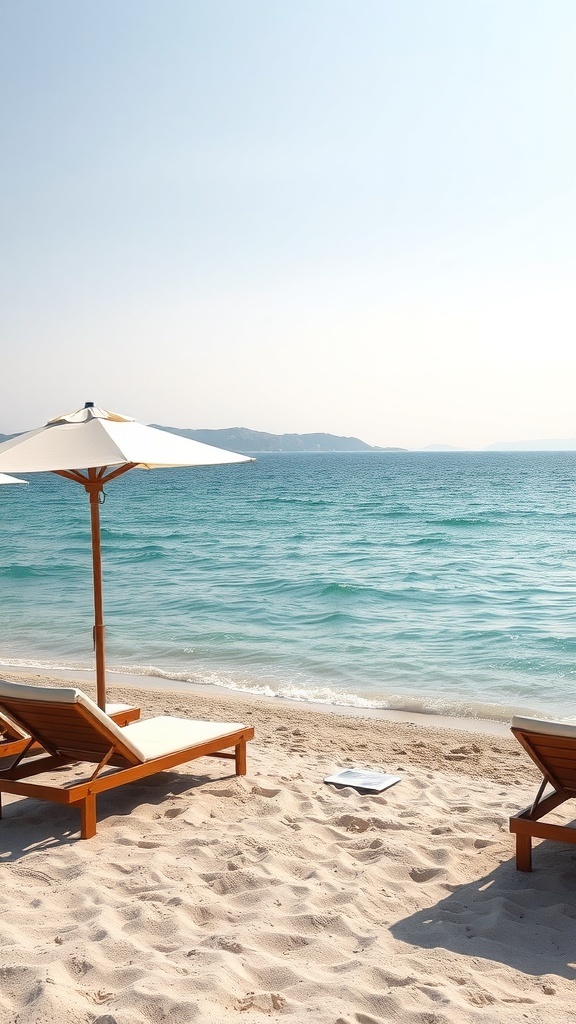 A serene beach in Mykonos with sunbeds and an umbrella by the water.