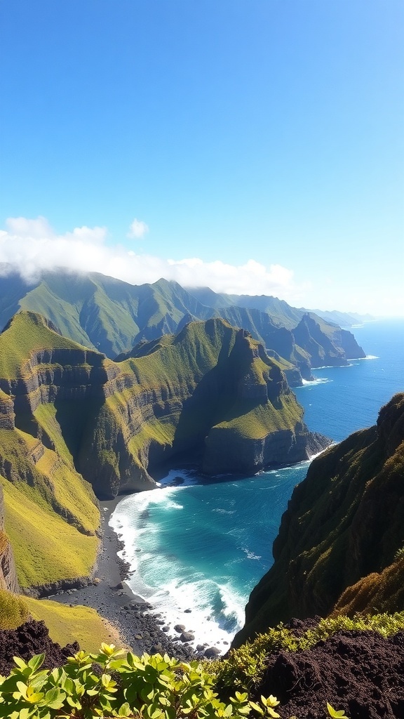 A stunning view of the Na Pali Coastline in Kauai, Hawaii, featuring lush green cliffs and a blue ocean.