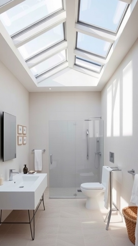 A modern bathroom featuring multiple skylights that allow natural light to fill the space.