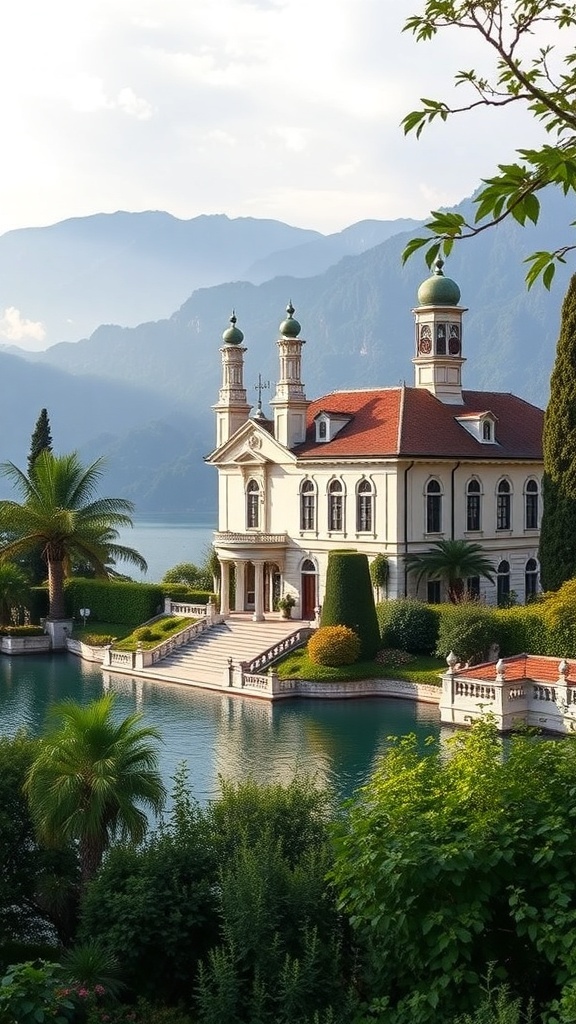 A stunning villa by Lake Como, surrounded by lush greenery and mountains.