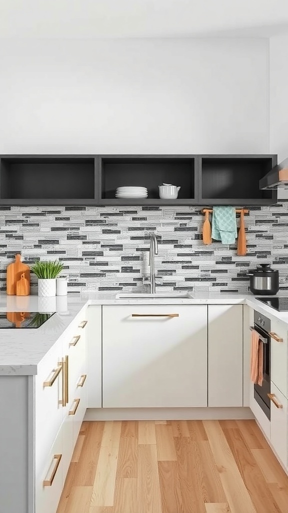 Modern L shaped kitchen with a stylish gray and black backsplash, white cabinets, and gold hardware.