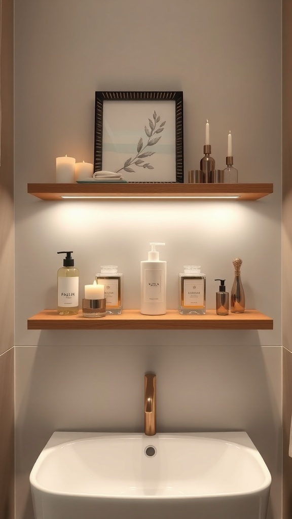A stylish bathroom with a floating shelf displaying candles, decorative bottles, and a framed picture.