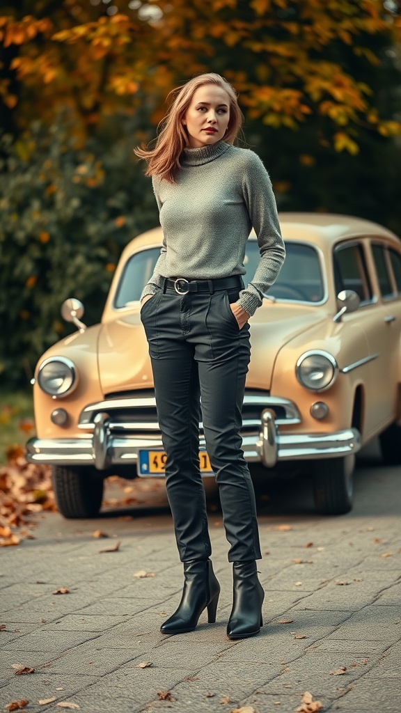 A woman in a cozy sweater and tailored pants stands confidently in front of a vintage car, showcasing stylish boots.
