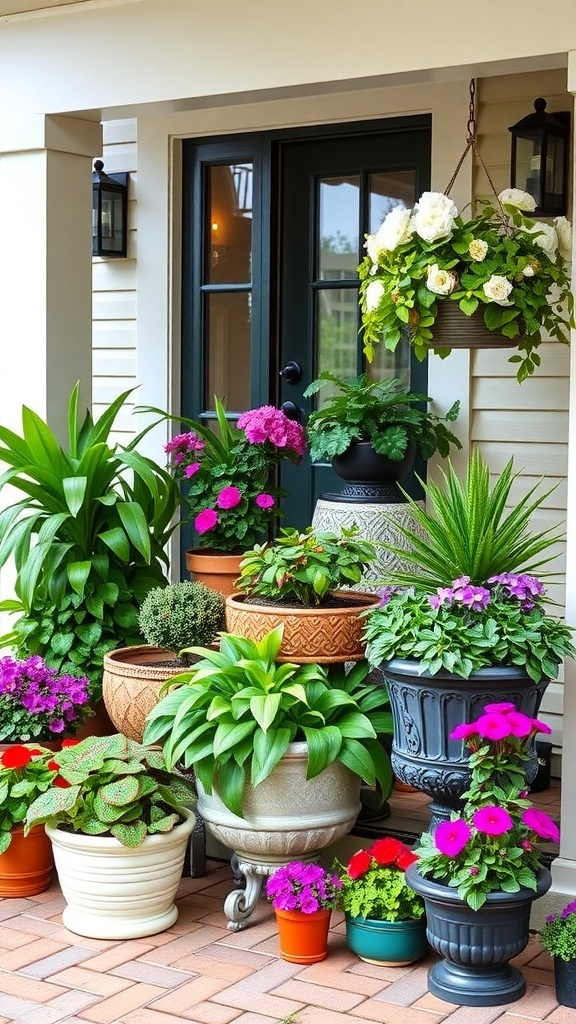 A front entrance with various colorful potted plants arranged around the door.