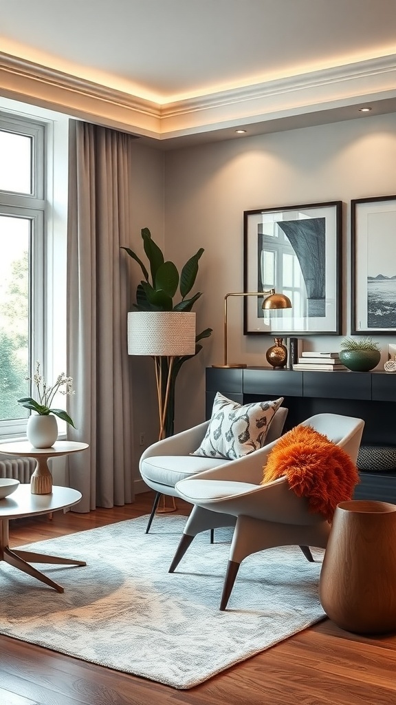 A modern living room featuring a stylish corner chair, side table, and decorative elements.