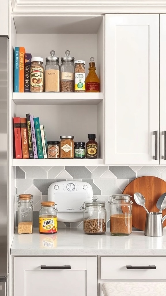 Stylish corner shelves in a kitchen displaying jars of spices and cookbooks.