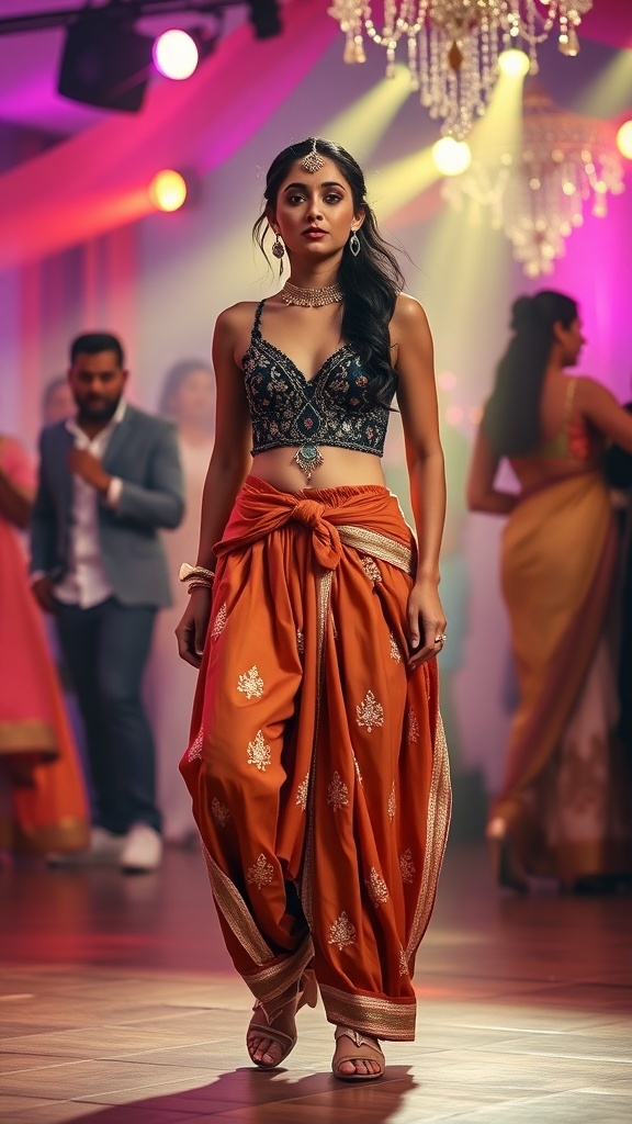 A woman wearing stylish dhoti pants and an embellished top at a sangeet celebration.