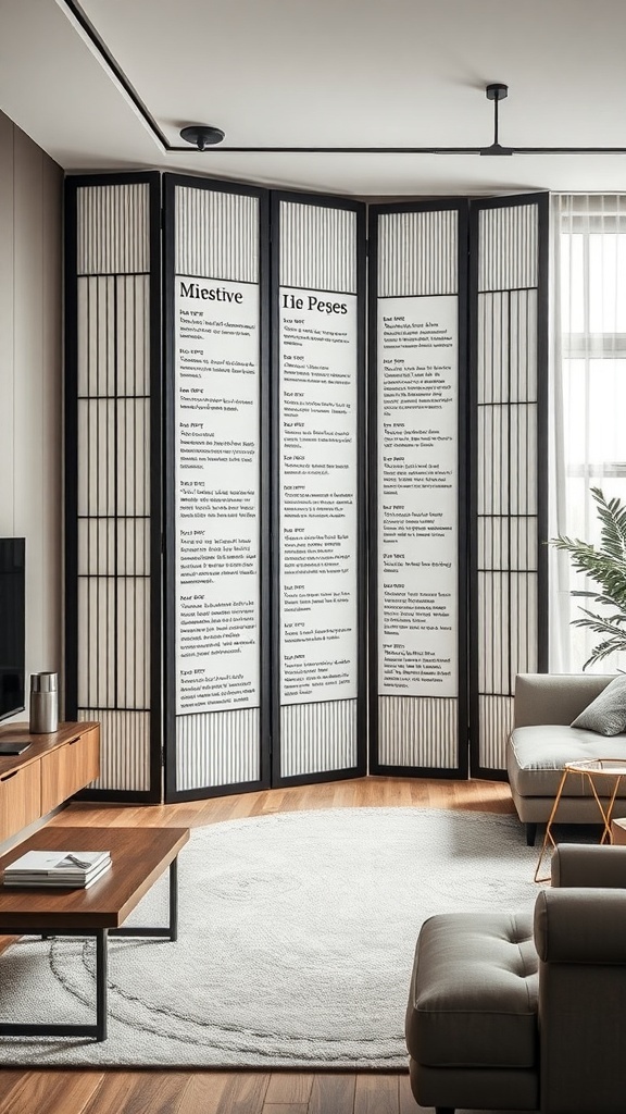 A stylish folding screen with text, dividing a modern living room space.