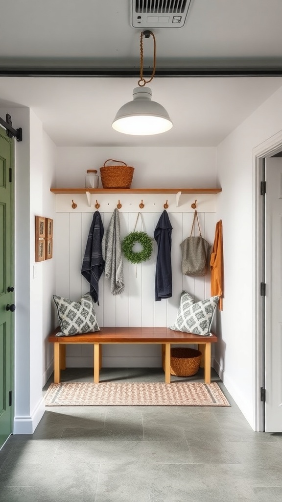 Stylish mudroom with hooks, a bench, and decorative elements