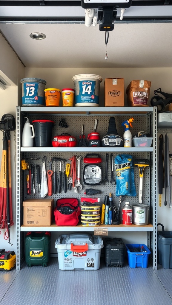 Open shelving unit in a garage filled with tools and supplies