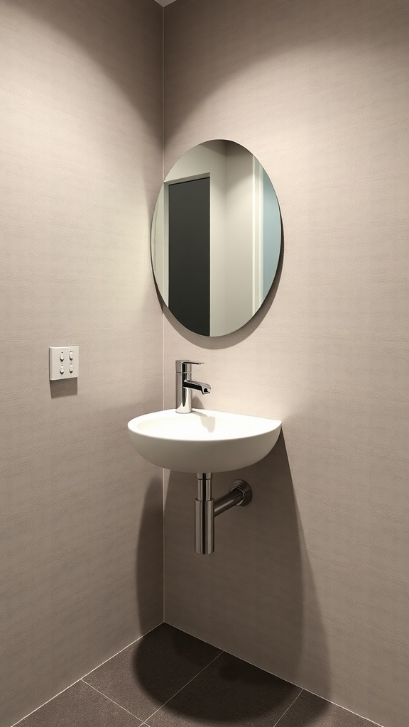 A modern wall-mounted sink in a small powder room with a round mirror.