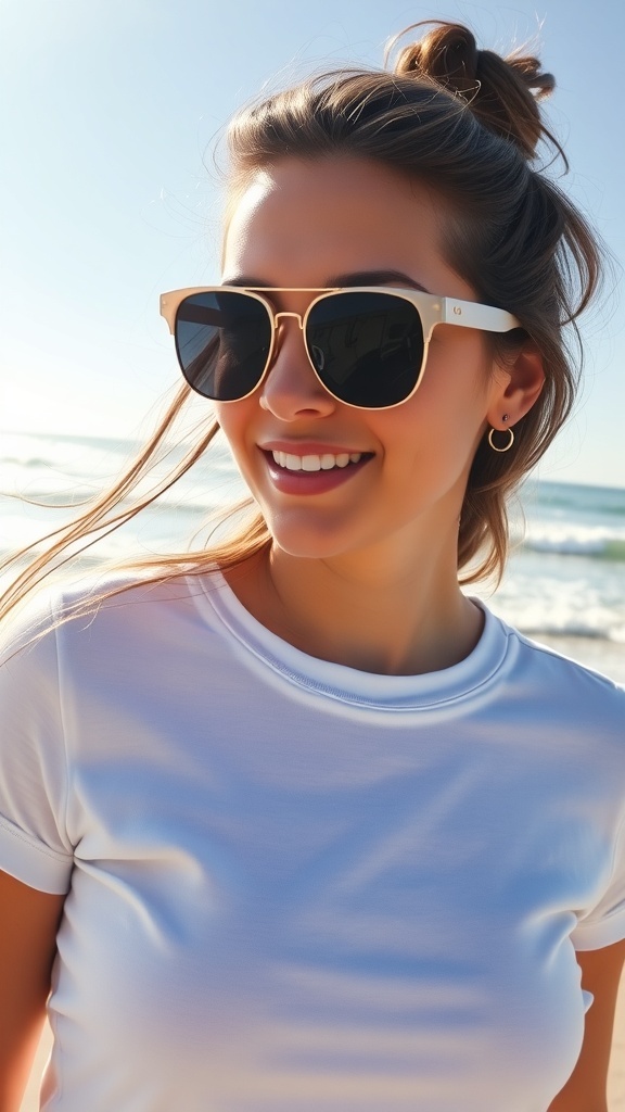 A pair of tortoiseshell sunglasses on a beach towel with a woman in a bikini blurred in the background.