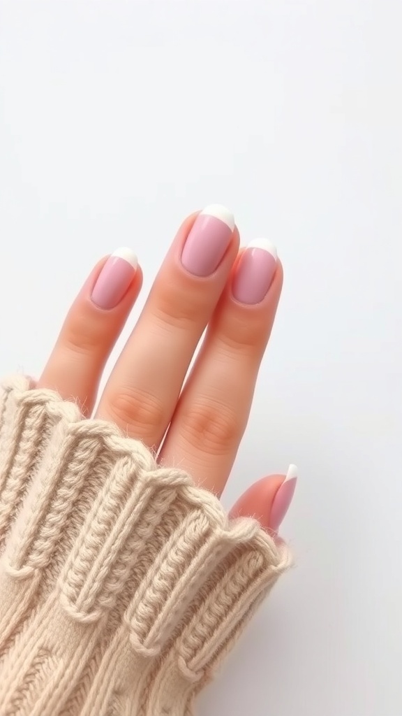 A close-up of manicured nails featuring subtle French tips with a soft pink base and white tips, paired with a knitted sweater.