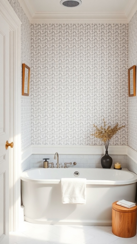 A serene bathroom with subtle patterned wallpaper, a sleek bathtub, and natural decor elements.