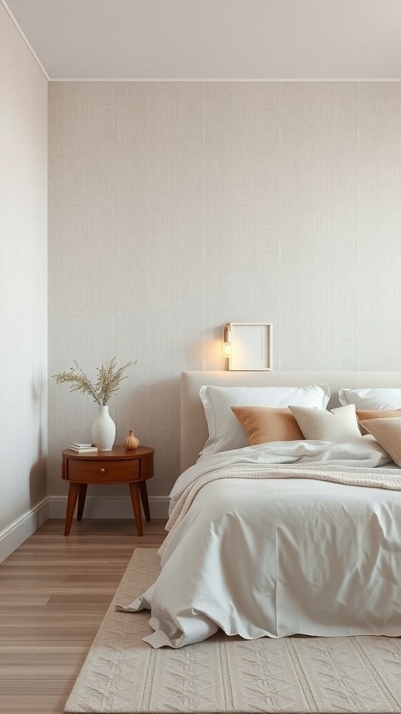A serene bedroom with subtle textured neutral wallpaper, white bedding, and wooden furniture.