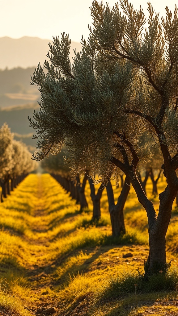 Sun-kissed olive groves with golden light illuminating the trees