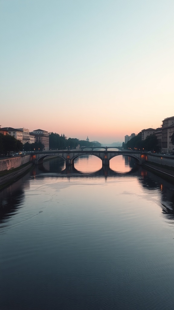 A serene sunrise over the Tiber River in Rome, showcasing the reflection of the sky on the water and the arches of a bridge.