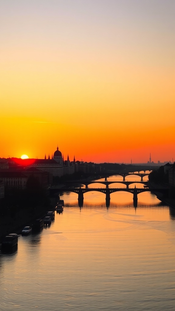 A sunset view over the Danube River in Budapest, with vibrant colors reflecting on the water and silhouetted bridges.