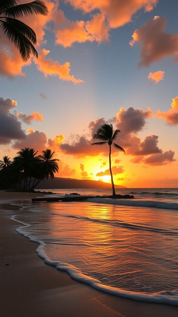 A beautiful sunset over Kaanapali Beach in Maui, Hawaii, with colorful clouds and palm trees.