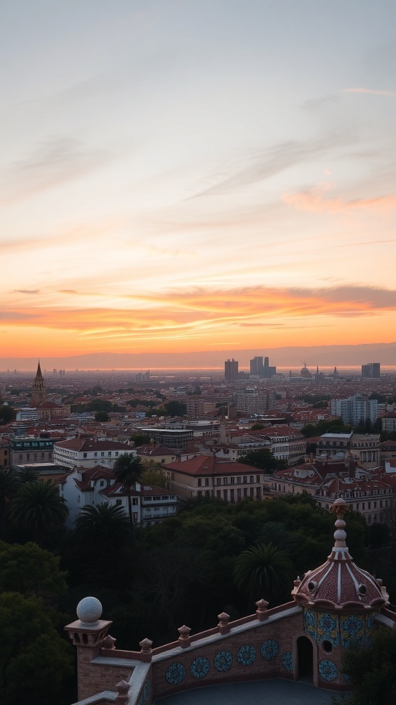 Sunset view from Park Güell overlooking Barcelona with colorful sky and cityscape.