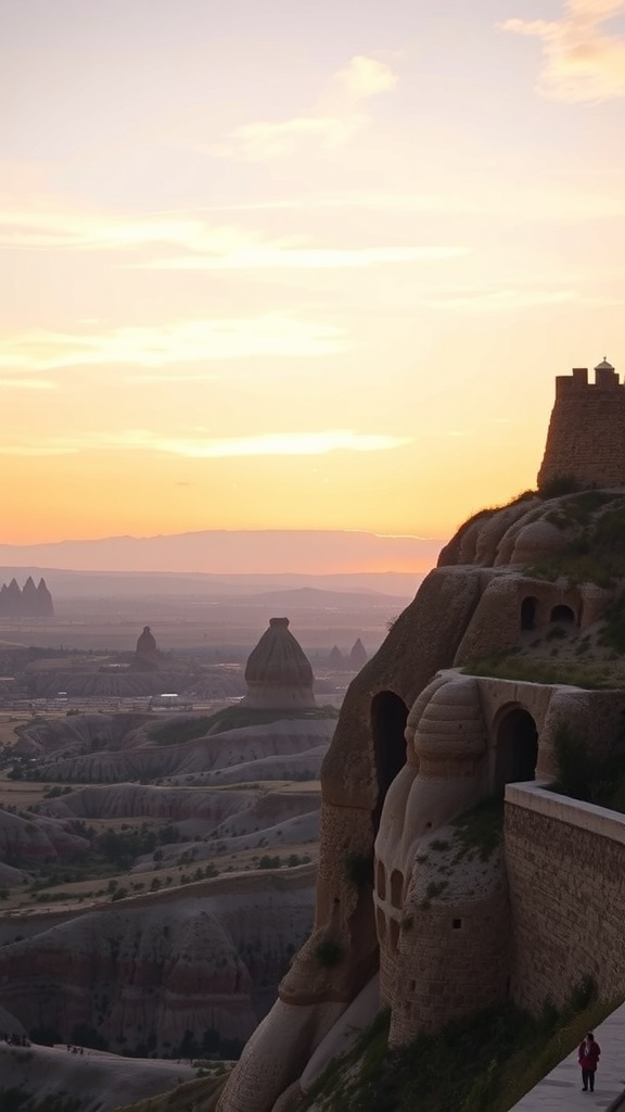 A view of Uchisar Castle during sunset, with colorful skies and unique rock formations in the background.