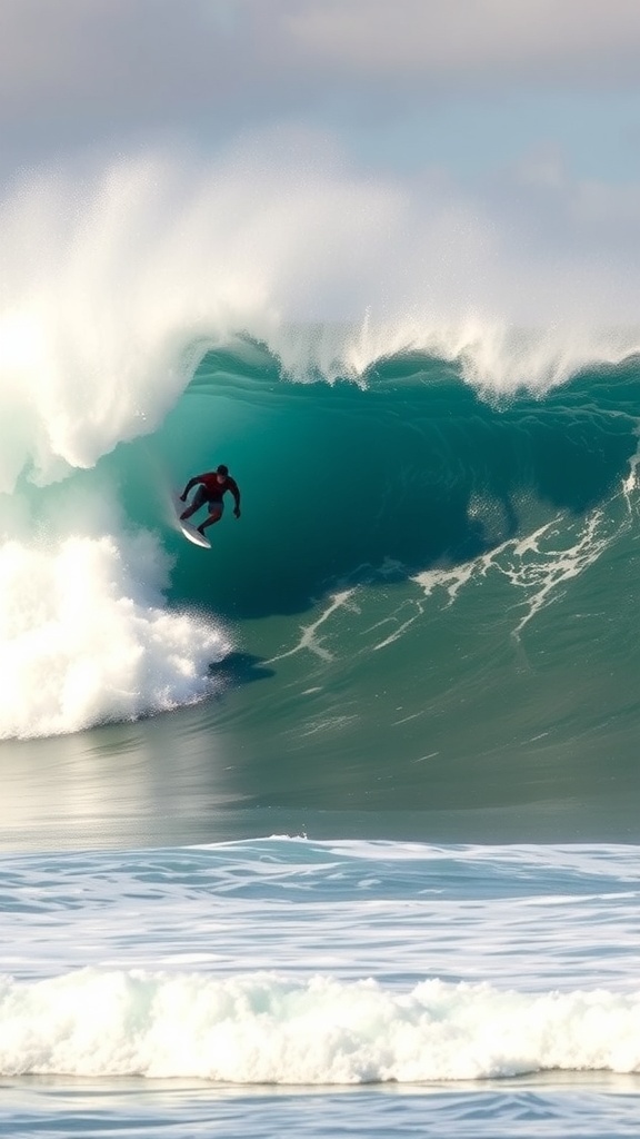 A surfer riding a large wave on the North Shore of Oahu, Hawaii.