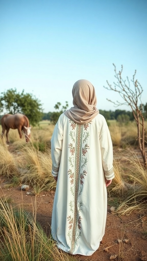 A woman wearing an embroidered abaya in a natural setting with a horse in the background.