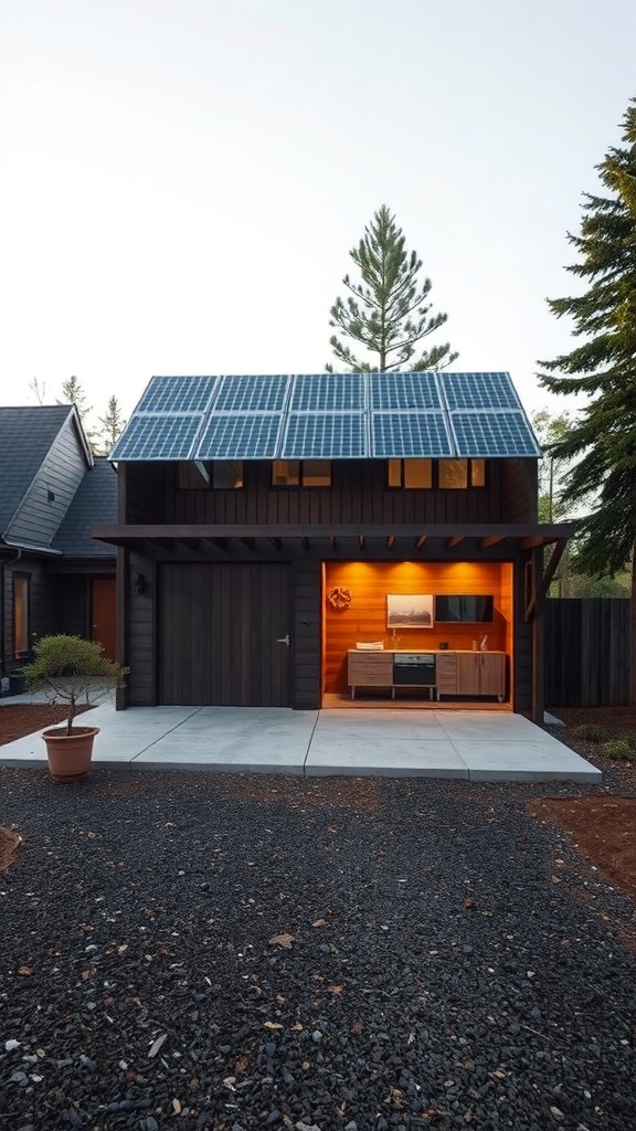 A modern garage guest house featuring solar panels, wooden elements, and a gravel driveway.