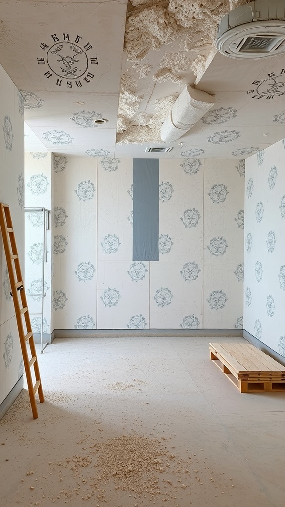 A room under renovation featuring a textured gypsum ceiling and floral patterned walls.