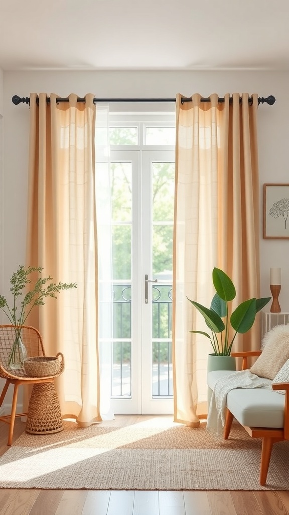 Light-colored linen curtains hanging by a window, with a cozy interior featuring plants and wooden furniture.