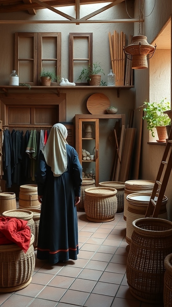 A woman in a workshop surrounded by traditional Turkish abayas and natural materials.
