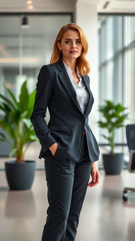 A woman wearing a tailored dark blazer and white shirt, standing confidently in a modern office space.
