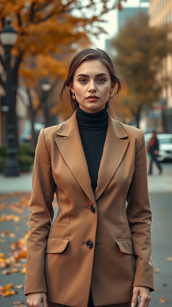 A woman wearing a tailored blazer over a turtleneck, standing outdoors with autumn leaves in the background.