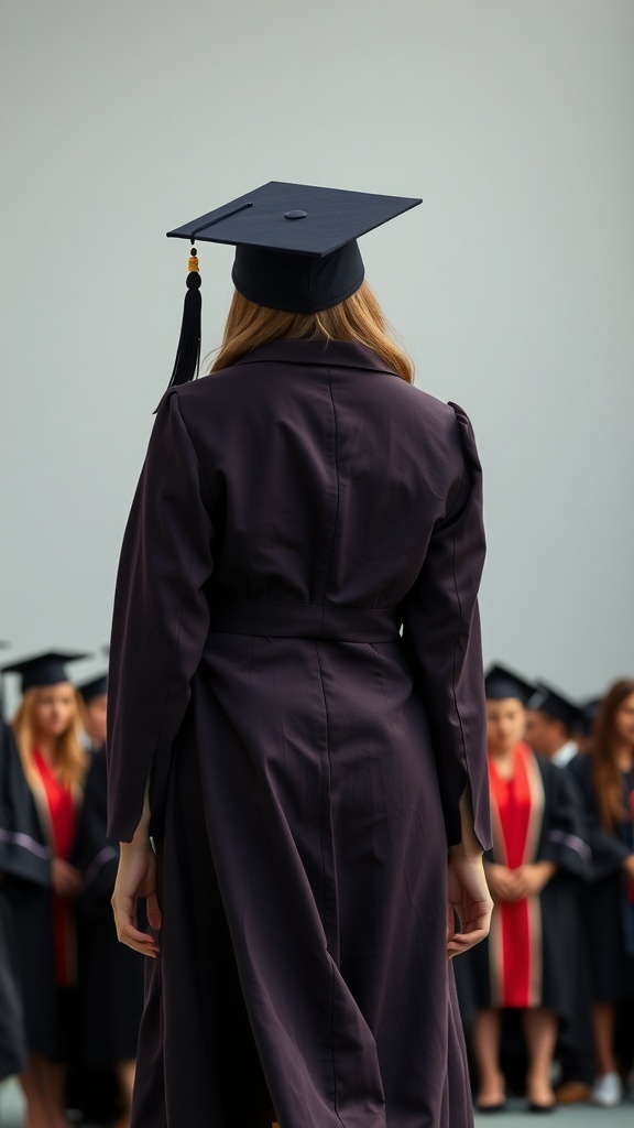 A graduate in a tailored midi dress, viewed from the back, standing among fellow graduates in caps and gowns.