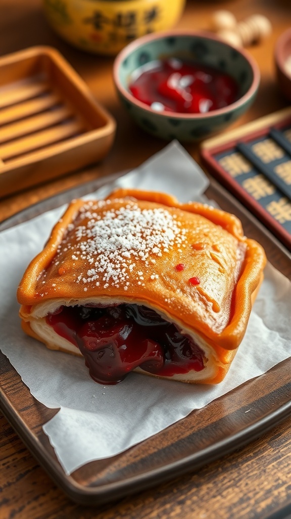 A taiyaki pastry filled with red bean paste, dusted with powdered sugar, served on a plate.