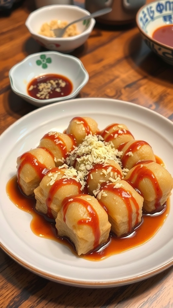 A plate of takoyaki drizzled with sauce and topped with bonito flakes.
